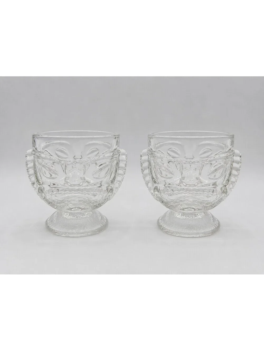 Vintage Indiana Glass Tiki Face Clear Footed Goblets Set of 2 Barware 1970s